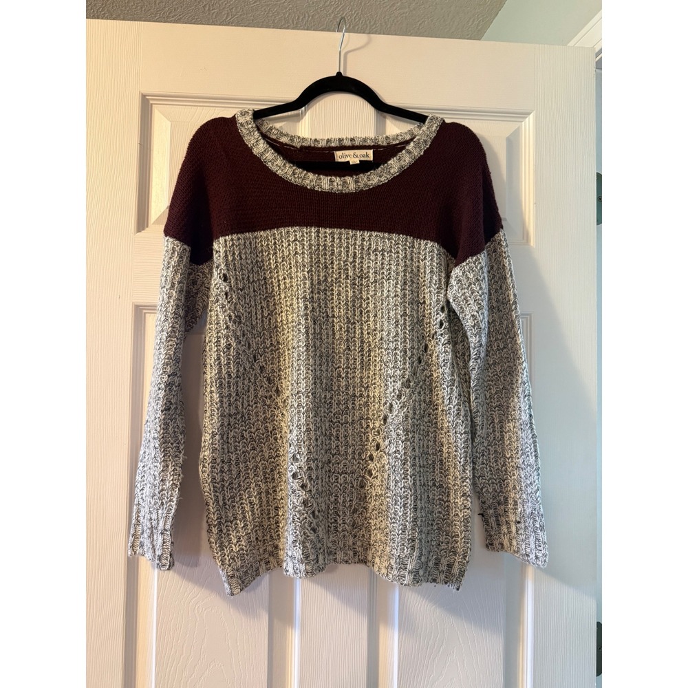 Olive & Oak Colorblock Chunky Knit Sweater Burgundy Grey Marled LV3F4944 Women M